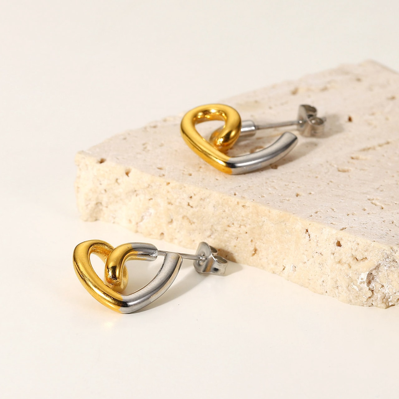 Gold and Silver Dual-tone Patchwork Heart-shaped Gold-plated Earrings - AINHOA