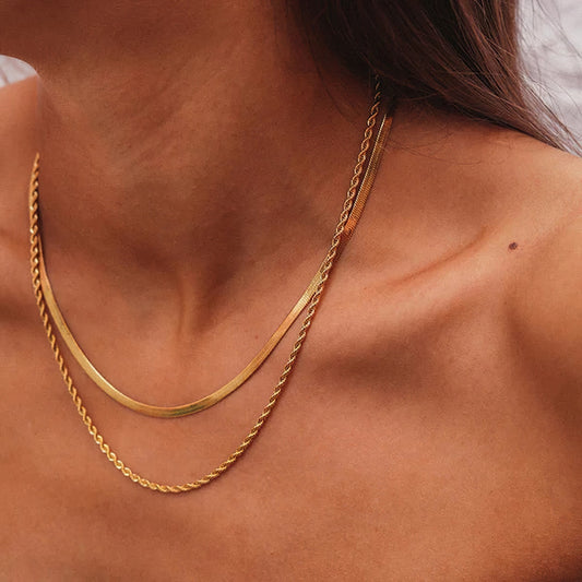 Double-Layer Twist & Flat Snake Chain Necklace - KAIRI