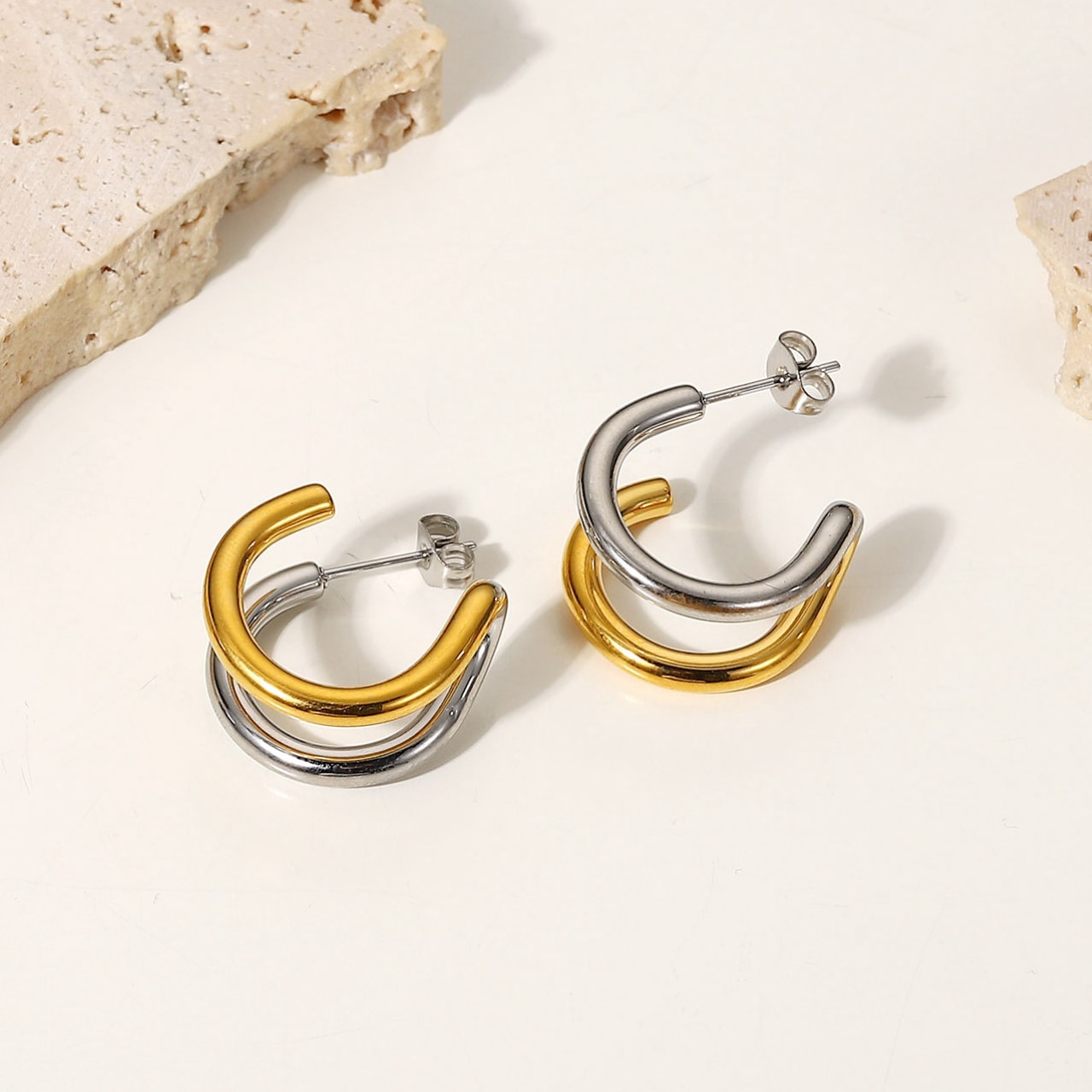 Gold and Silver Dual-tone C-shaped 18k Gold-plated Earrings - LUELLA