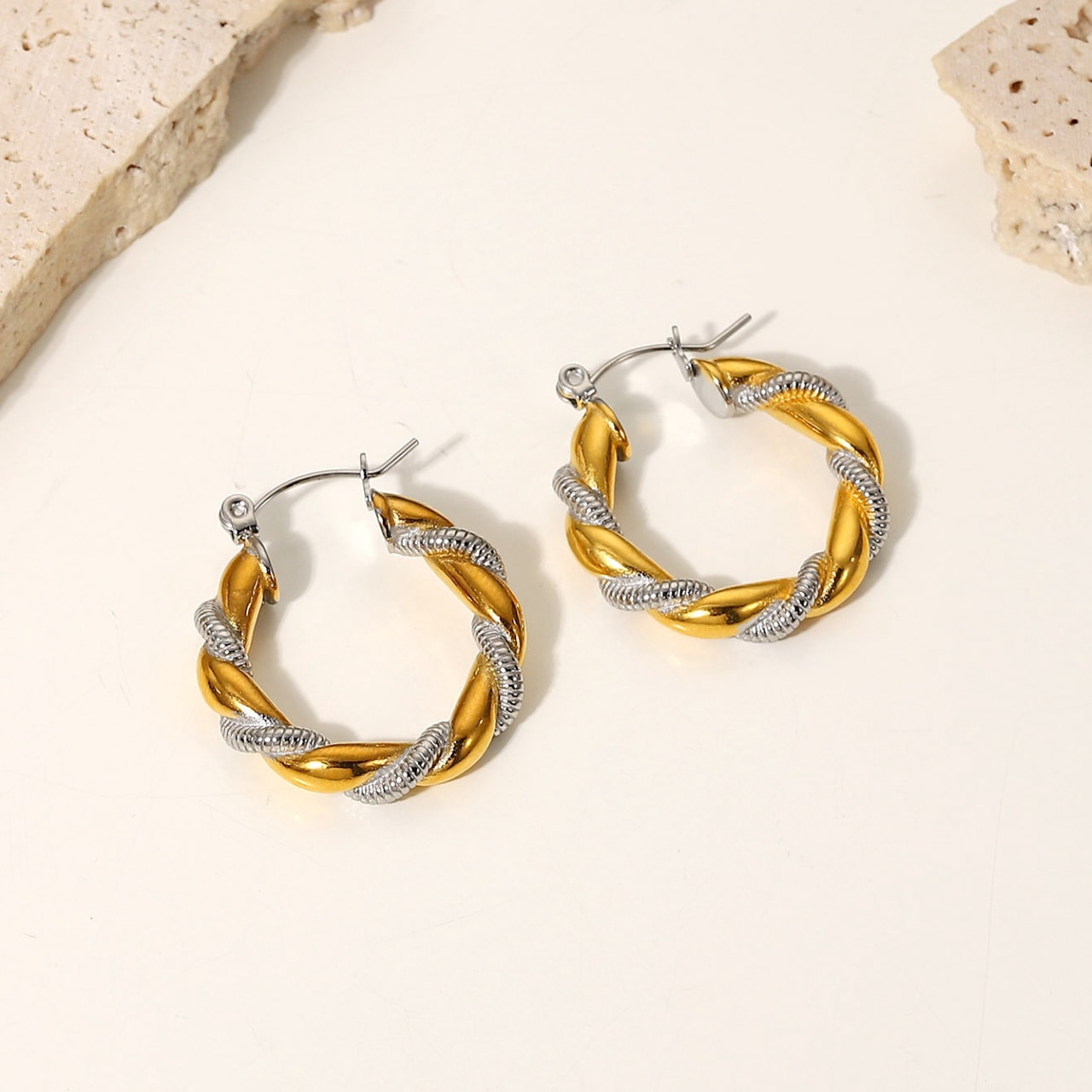 Gold and Silver Dual-tone Twisted Circle-shaped Gold-plated Earrings - MAISY