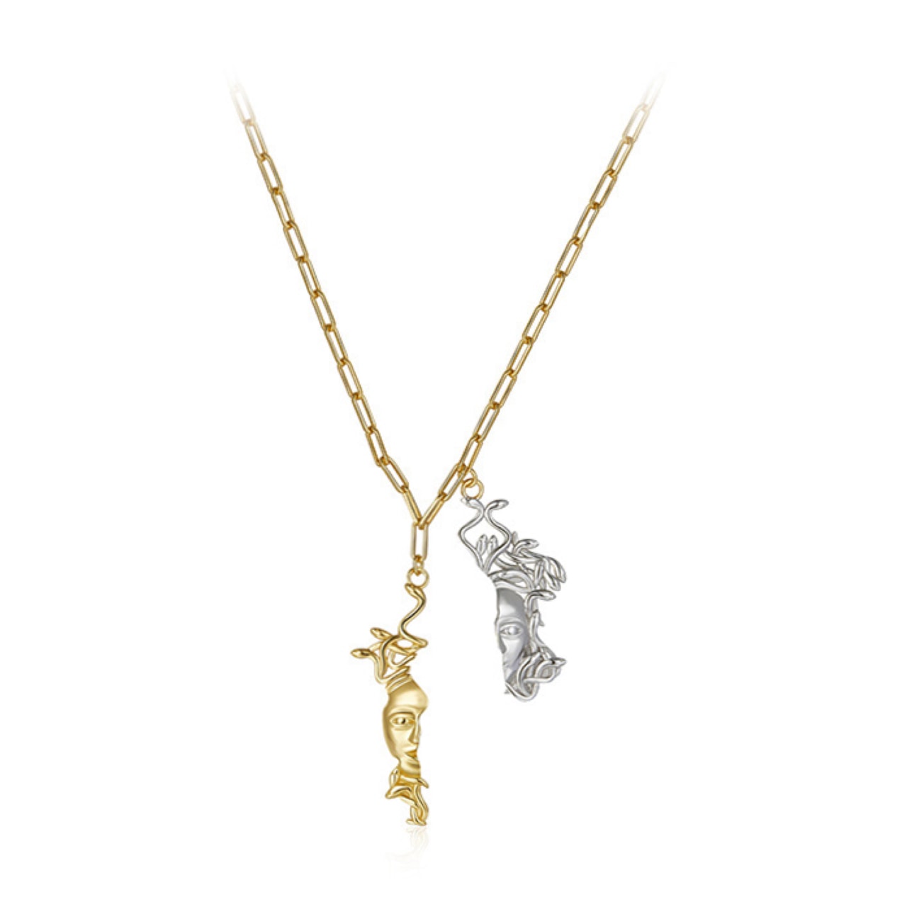 Two Tone Half Face Snake 18k Gold Plated Pendant Necklace - MEDUSA