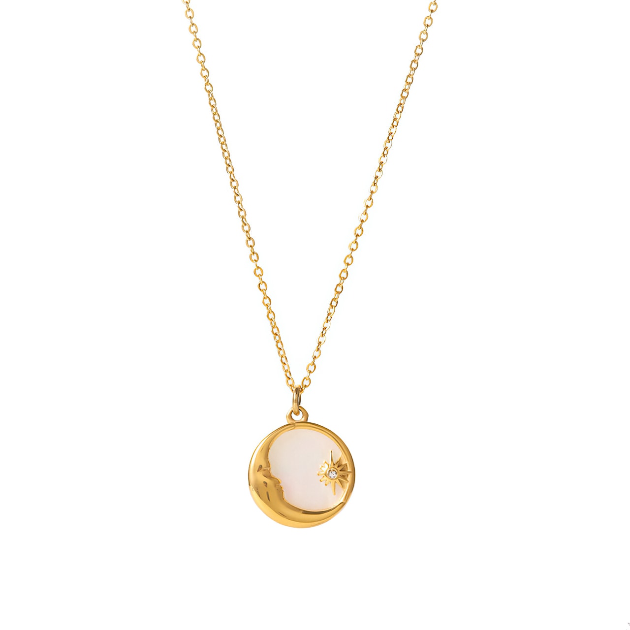 Moon Star White Shell 18k Gold Plated Pendant Necklace - MINA
