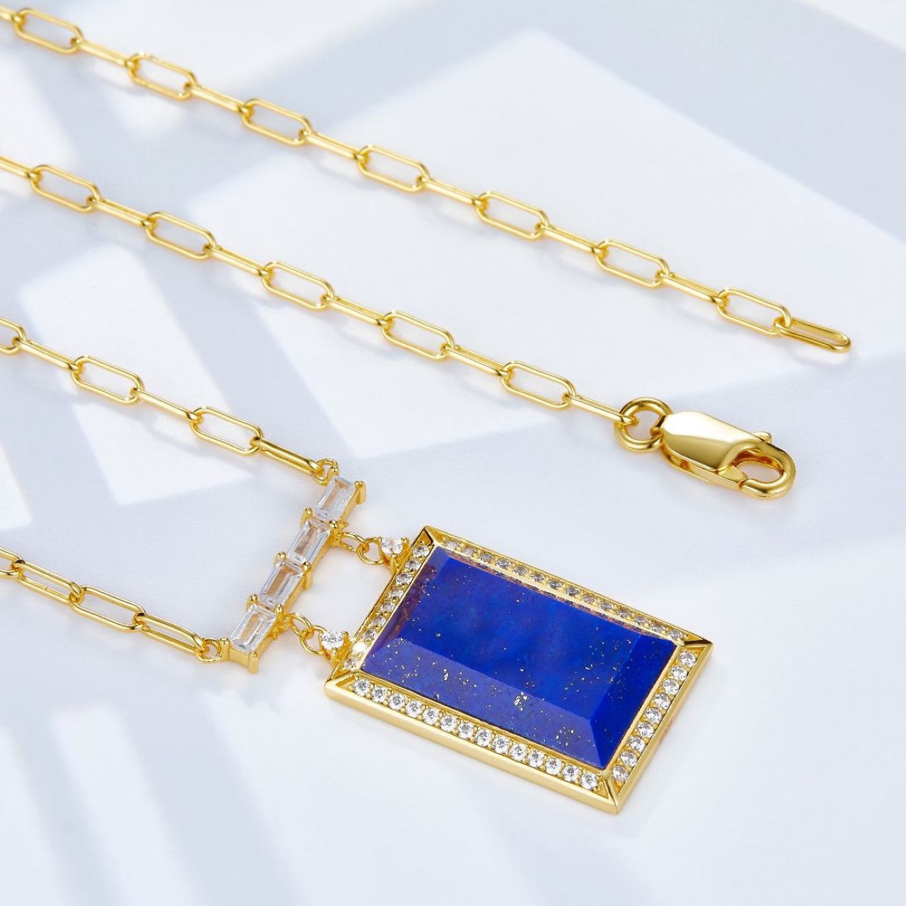 Rectangular Lapis Lazuli Zircon 18k Gold Plated Pendant Necklace - NATALIA