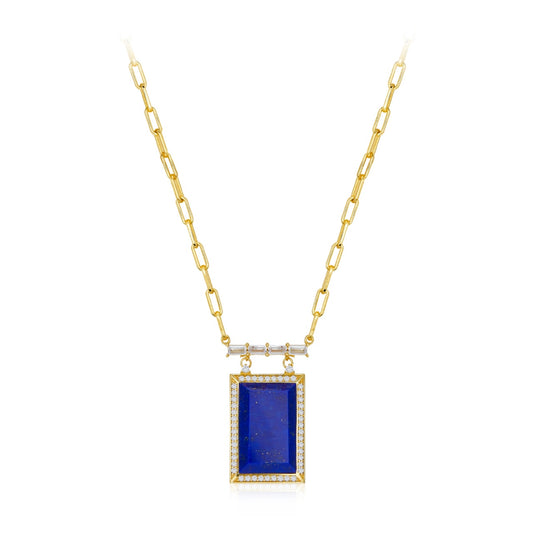 Rectangular Lapis Lazuli Zircon 18k Gold Plated Pendant Necklace - NATALIA