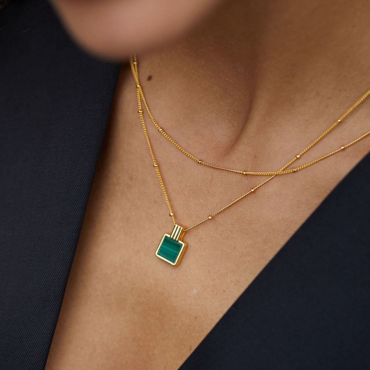 Natural Malachite 18k Gold Plated Pendant Clavicle Chain Necklace - NEVAEH
