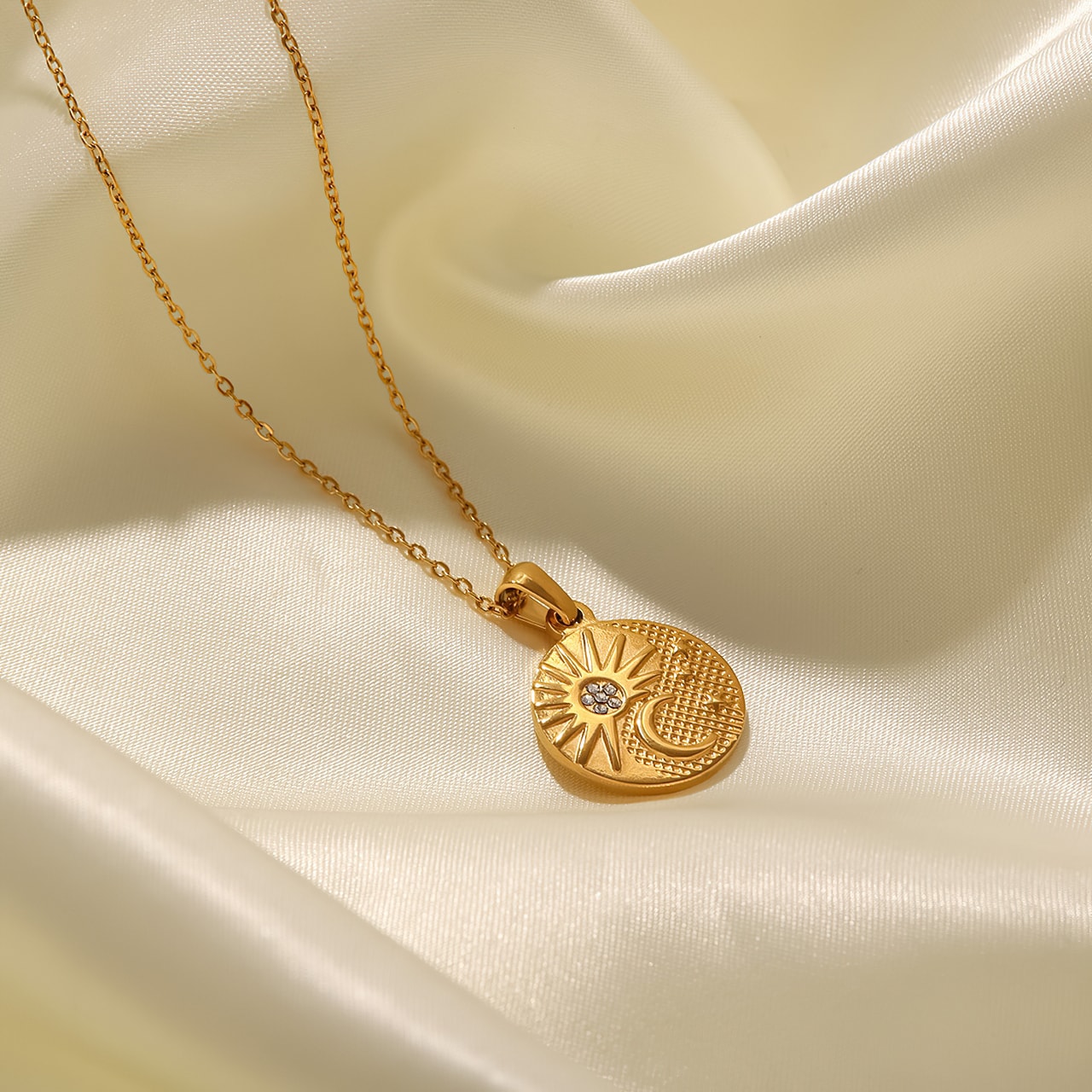 Embossed Sun Moon and Stars 18k Gold Plated Pendant Necklace - REMY