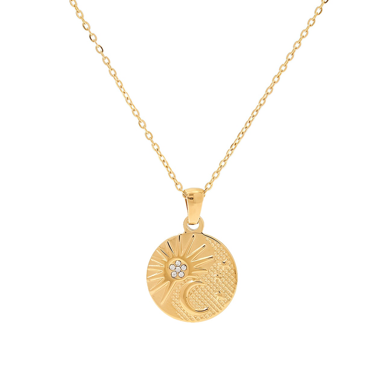 Embossed Sun Moon and Stars 18k Gold Plated Pendant Necklace - REMY