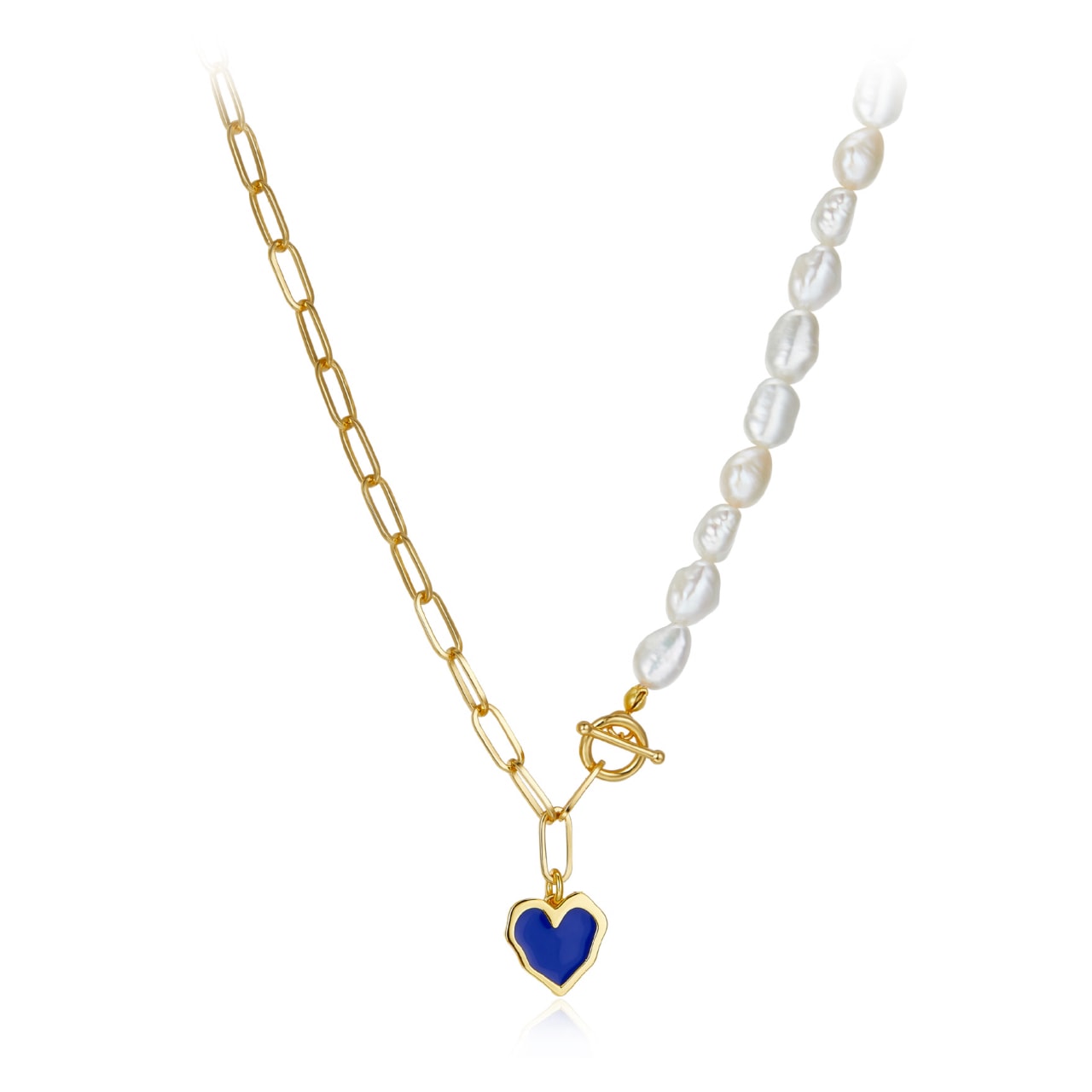 Heart Half Chain Half Pearl Gold Plated Sweater Chain Necklace - VIDA