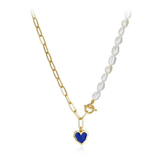 Heart Half Chain Half Pearl Gold Plated Sweater Chain Necklace - VIDA