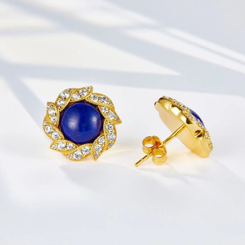 Lapis Lazuli & Zircon Inlaid Round Flower Gold-plated Earrings - ABBY
