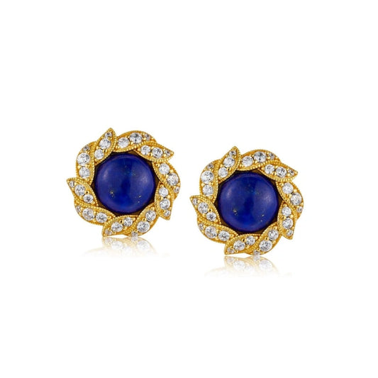 Lapis Lazuli & Zircon Inlaid Round Flower Gold-plated Earrings - ABBY