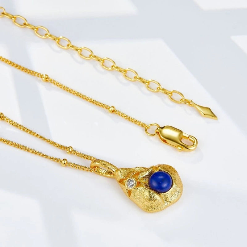 18k Gold Plated Artwork Lapis Lapis Pendant Clavicle Chain Necklace - ALICE