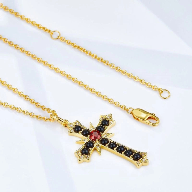 18k Gold Plated Cross Garnet Black Agate Pendant Necklace - ALLISON