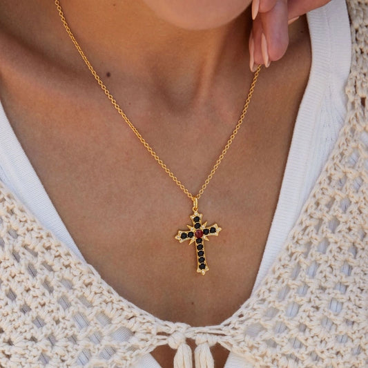 18k Gold Plated Cross Garnet Black Agate Pendant Necklace - ALLISON