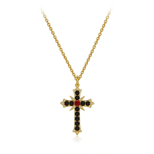 18k Gold Plated Cross Garnet Black Agate Pendant Necklace - ALLISON