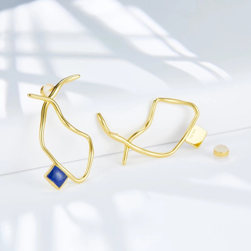Peculiar Line Lapis Gold Plated Earrings - ALYSSA
