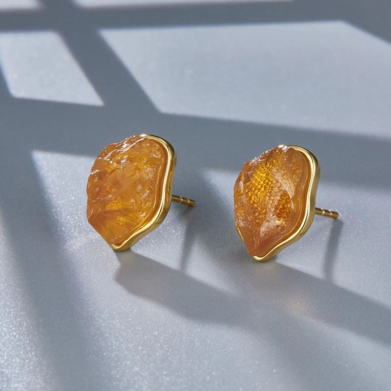 Natural Raw Yellow Crystal Stud Earrings - AMBERLY