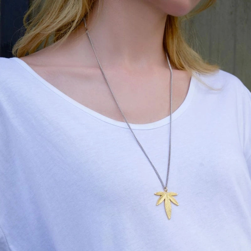 Gold-Plated Large Maple Leaf Pendant Sweater Chain Necklace - ASHLEY