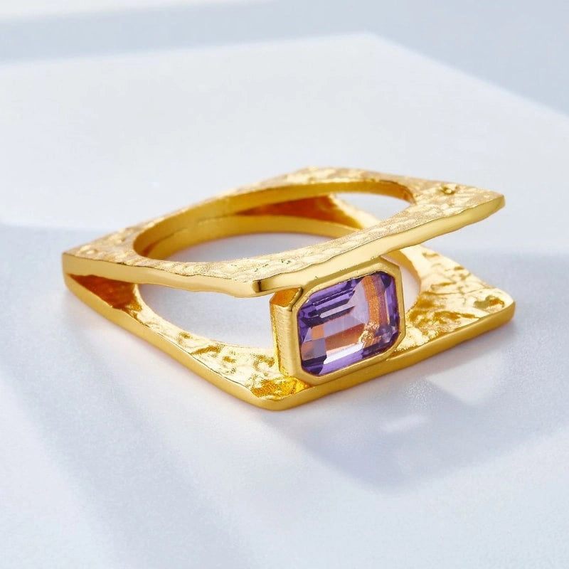 Sandwiched Amethyst 18k Gold Plated 925 Silver Ring - AYLA