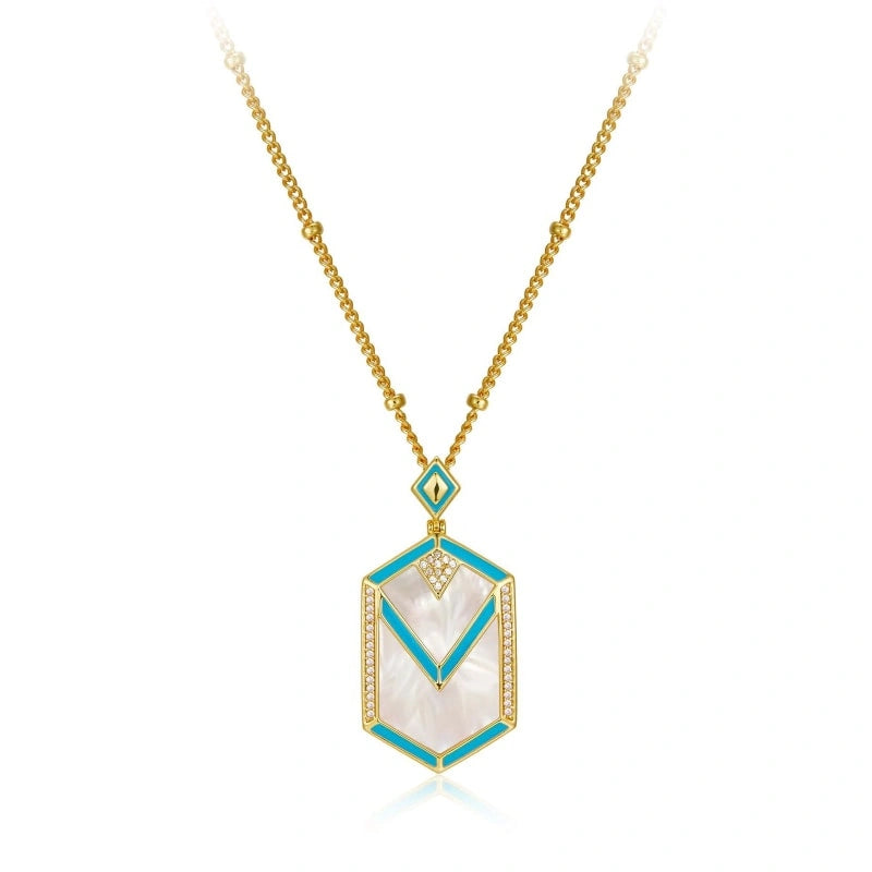 Hexagon White Shell Zircon Gold-Plated Sterling Silver Pendant Necklace - BELLA