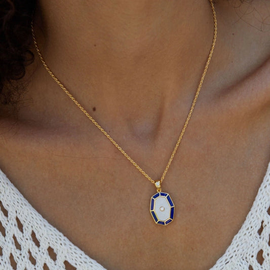 Engraved White Shell Zircon Gold Plated Pendant Necklace - CAMILA