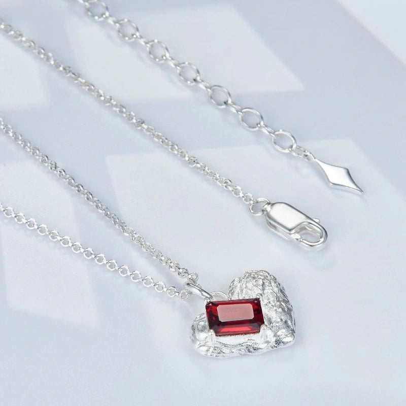 Vintage Heart Garnet Sterling Silver Pendant Necklace - CAROLINE