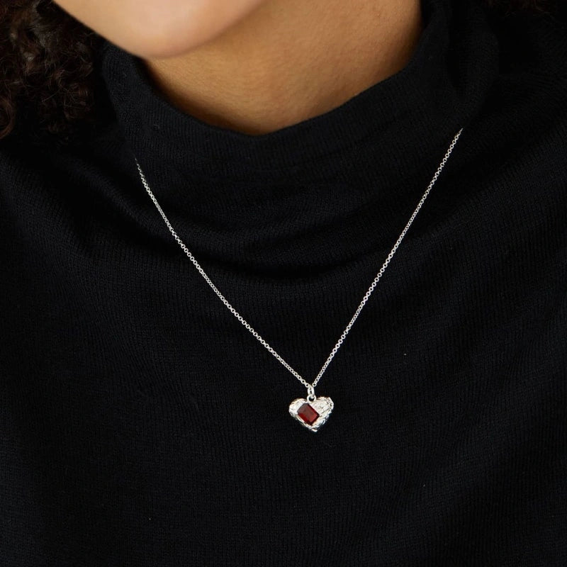 Vintage Heart Garnet Sterling Silver Pendant Necklace - CAROLINE