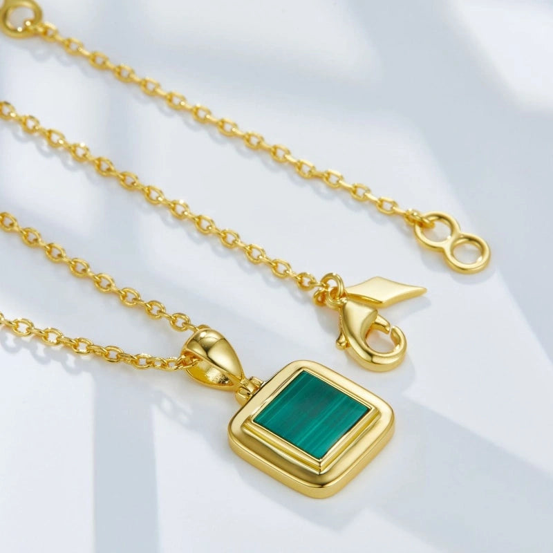 18k Gold Plated Natural Malachite Brass Pendant Necklace - CECILIA