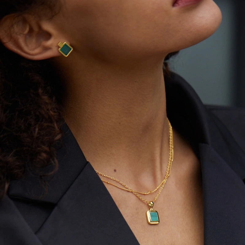 18k Gold Plated Natural Malachite Brass Pendant Necklace - CECILIA