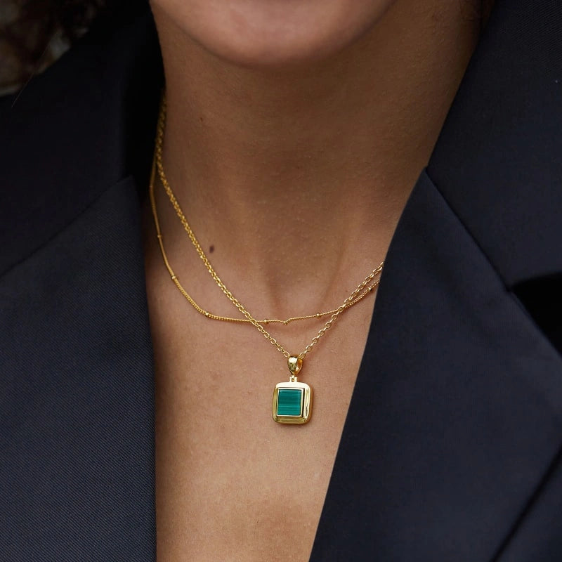 18k Gold Plated Natural Malachite Brass Pendant Necklace - CECILIA