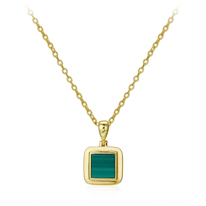 18k Gold Plated Natural Malachite Brass Pendant Necklace - CECILIA