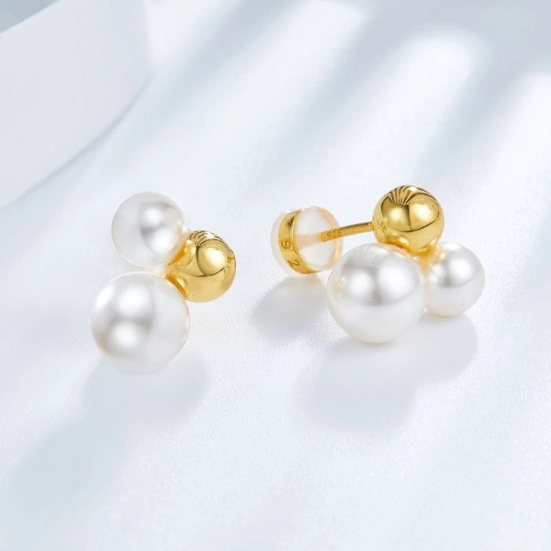 Gold Elegant Double Pearl Earrings - CHARLOTTE