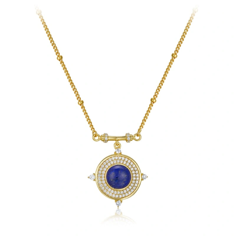 Round Lapis Lazuli Zircon 18K Gold-Plated Pendant Necklace - CLAIRE