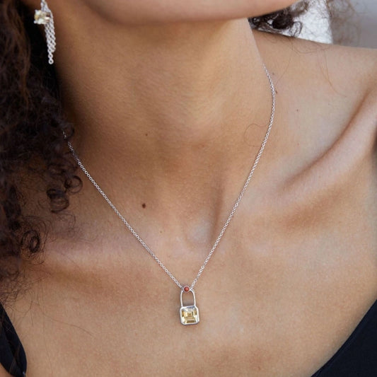 Natural Citrine Lock 18k Platinum Plated Pendant Clavicle Chain Necklace - DELLA