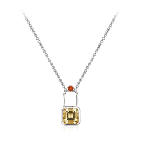 Natural Citrine Lock 18k Platinum Plated Pendant Clavicle Chain Necklace - DELLA