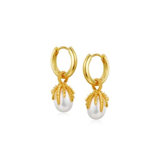 18ct Gold Plated Pearl Pendant Earrings - EILEEN