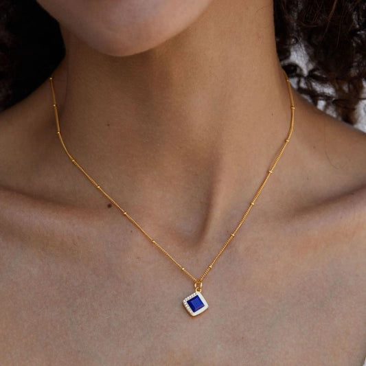 Square Lapis Lazuli 18k Gold Plated Sterling Silver Pendant Necklace - ELENA