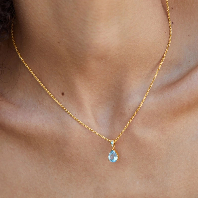 Water Drop Natural Topaz 18k Gold Plated Pendant Clavicle Chain Necklace - ELLIE