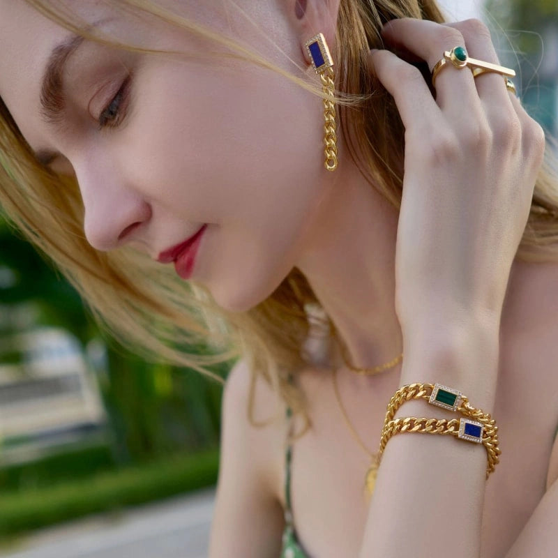 Natural Semi-Precious Stone Cuban Chain 18k Gold-Plated Earrings - ELSIE