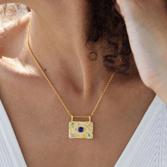 Eye Lapis Zircon Set Gold Plated Pendant Necklace - ELYSE