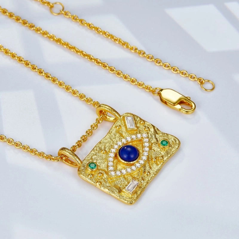 Eye Lapis Zircon Set Gold Plated Pendant Necklace - ELYSE