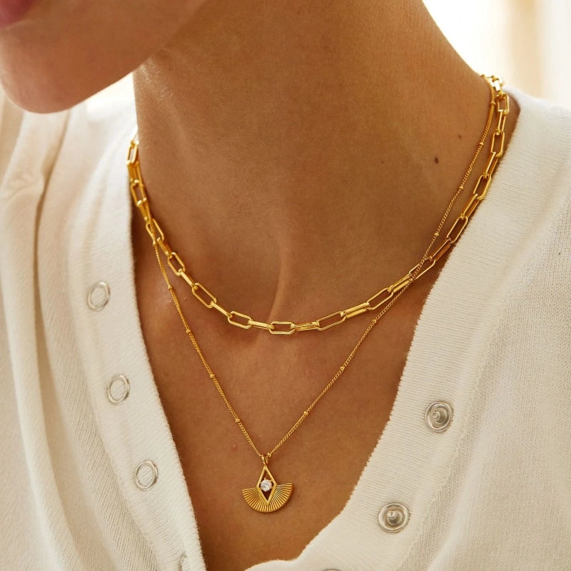 Beautiful Fan Zircon Gold Plated Pendant Clavicle Chain Necklace - EMILY