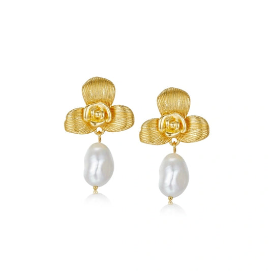 18k Gold-plated Flower Pearl Earrings - FIONA