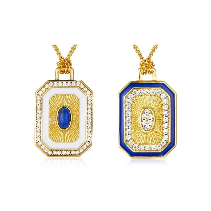 Double Faced Lapis Lazuli Zircon 18k Gold Plated Pendant Necklace - FLORA