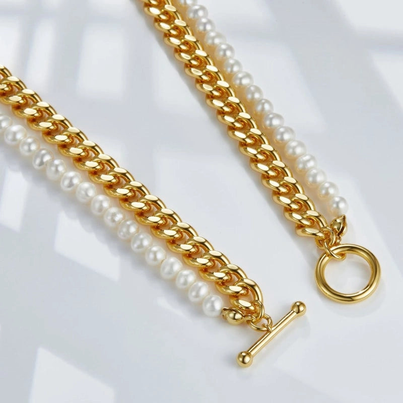 Gold Plated Cuban Chain Pearl Double Clavicle Chain Necklace - FREYA