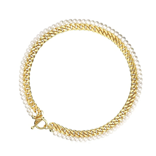 Gold Plated Cuban Chain Pearl Double Clavicle Chain Necklace - FREYA