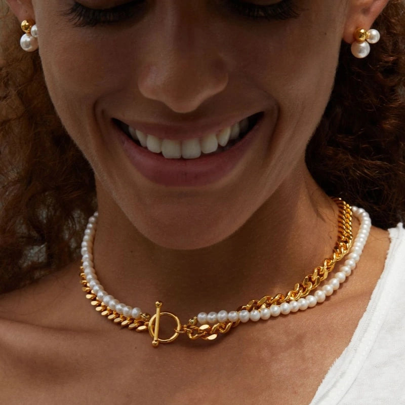 Gold Plated Cuban Chain Pearl Double Clavicle Chain Necklace - FREYA