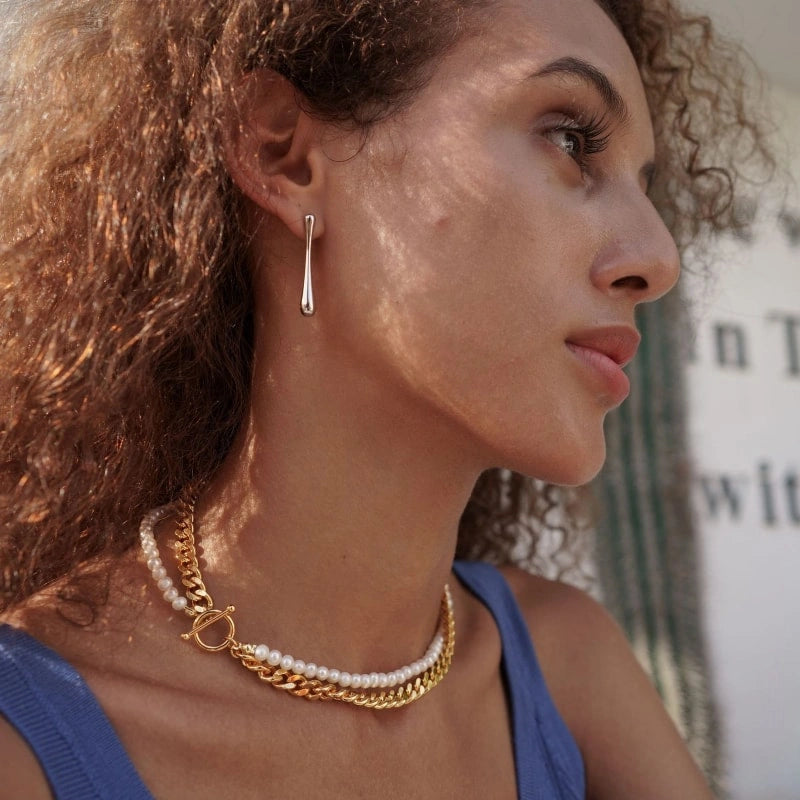 Gold Plated Cuban Chain Pearl Double Clavicle Chain Necklace - FREYA