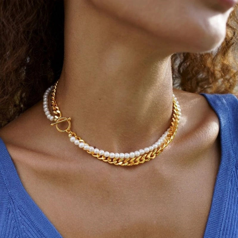 Gold Plated Cuban Chain Pearl Double Clavicle Chain Necklace - FREYA