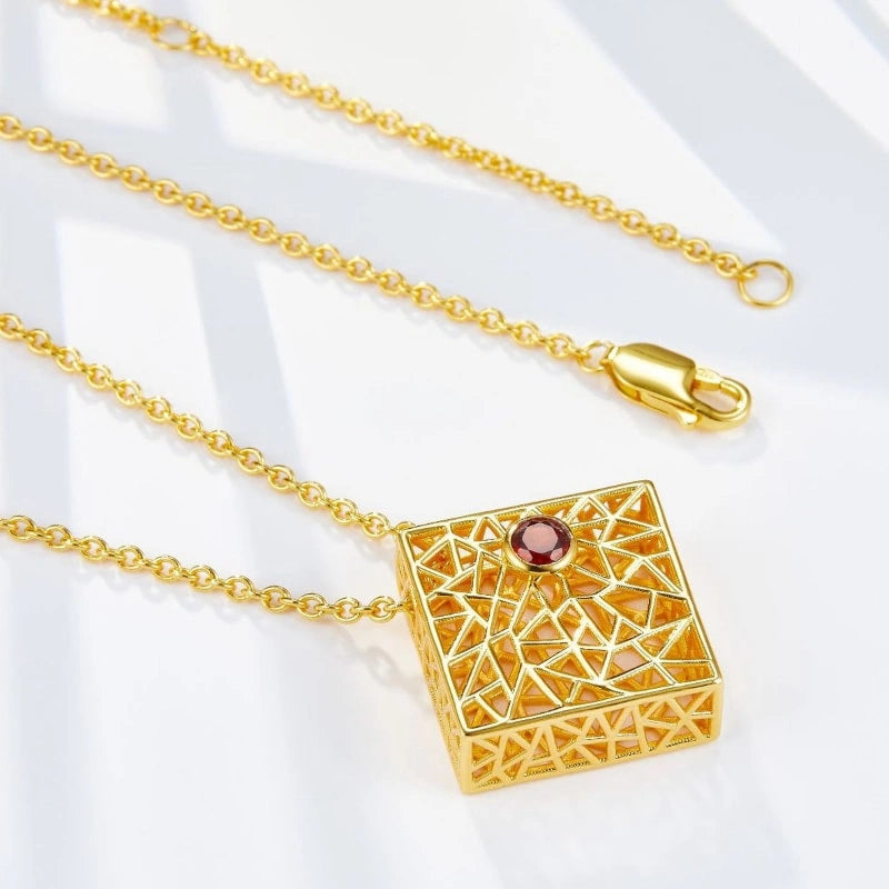 Gold Plated Square Hollow Out Garnet Pendant Sweater Chain Necklace - GENESIS